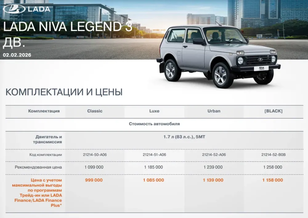 АвтоВАЗ объяснил изменение цен на Lada Niva Legend 2026 года выпуска