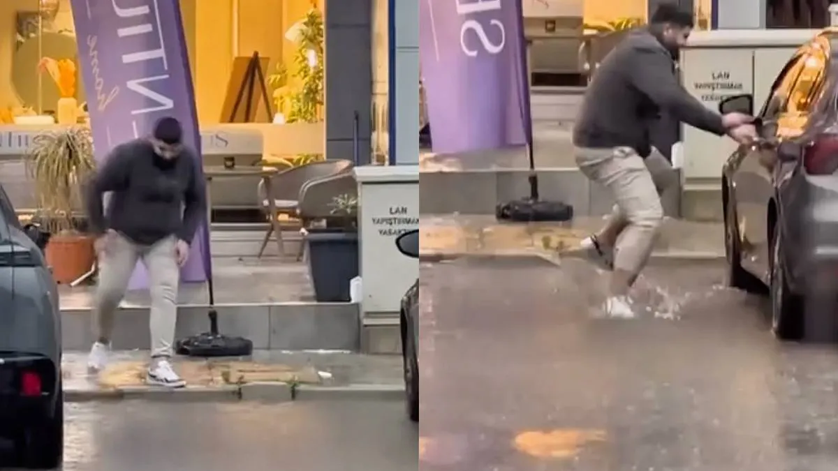 Мужчина попытался запрыгнуть в машину во время ливня в Турции