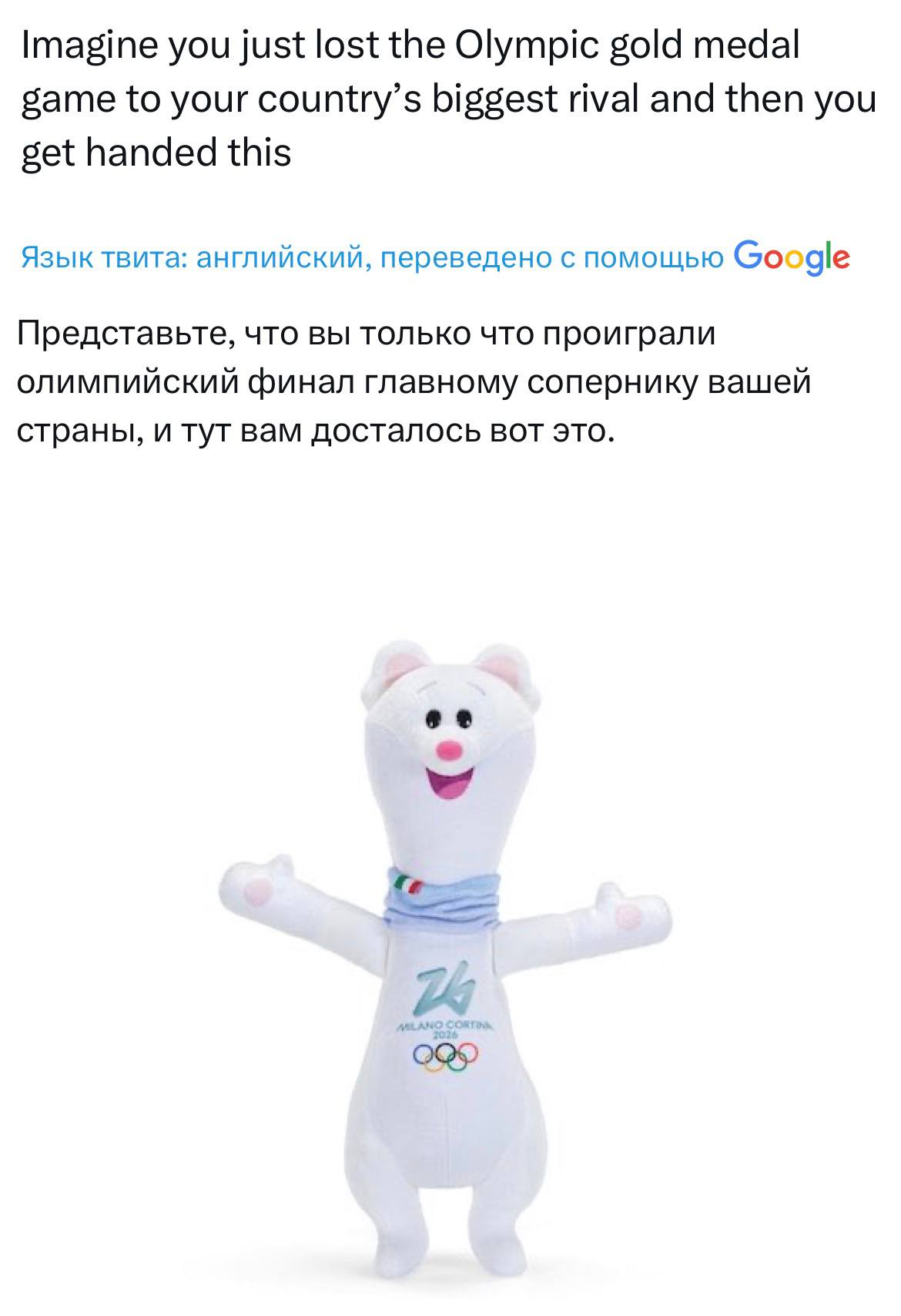 Реакция канадского хоккеиста на плюшевый талисман Олимпиады