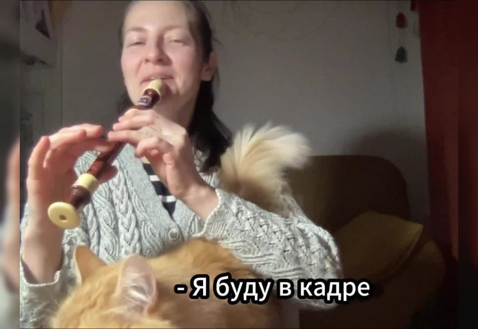 Преподаватель записывала задание по флейте, но в кадр вмешался кот