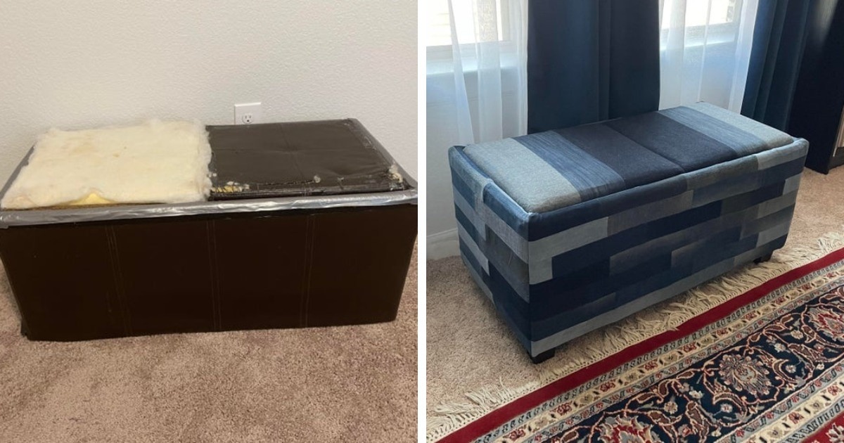 Из старых джинсов мы сделали обивку для потрёпанного пуфа