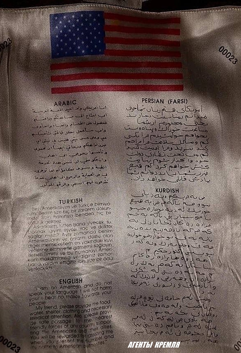 Вот такое американские военные летчики зашивают в своей куртке, на случай если их собьют. Текст на всех языках такой: