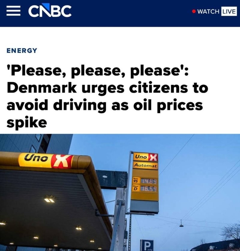 «Пожалуйста, пожалуйста, пожалуйста»: В Дании призвали граждан не садиться за руль на фоне роста цен на нефть