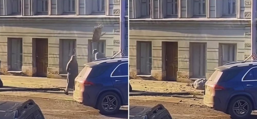 Момент обрушения лепнины на мужчину попал на видео