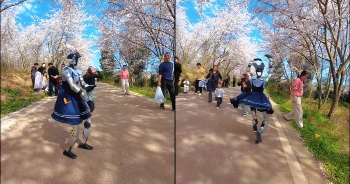 В Китае роботы тоже любуются цветением вишни: металлическая танцовщица отплясала среди деревьев