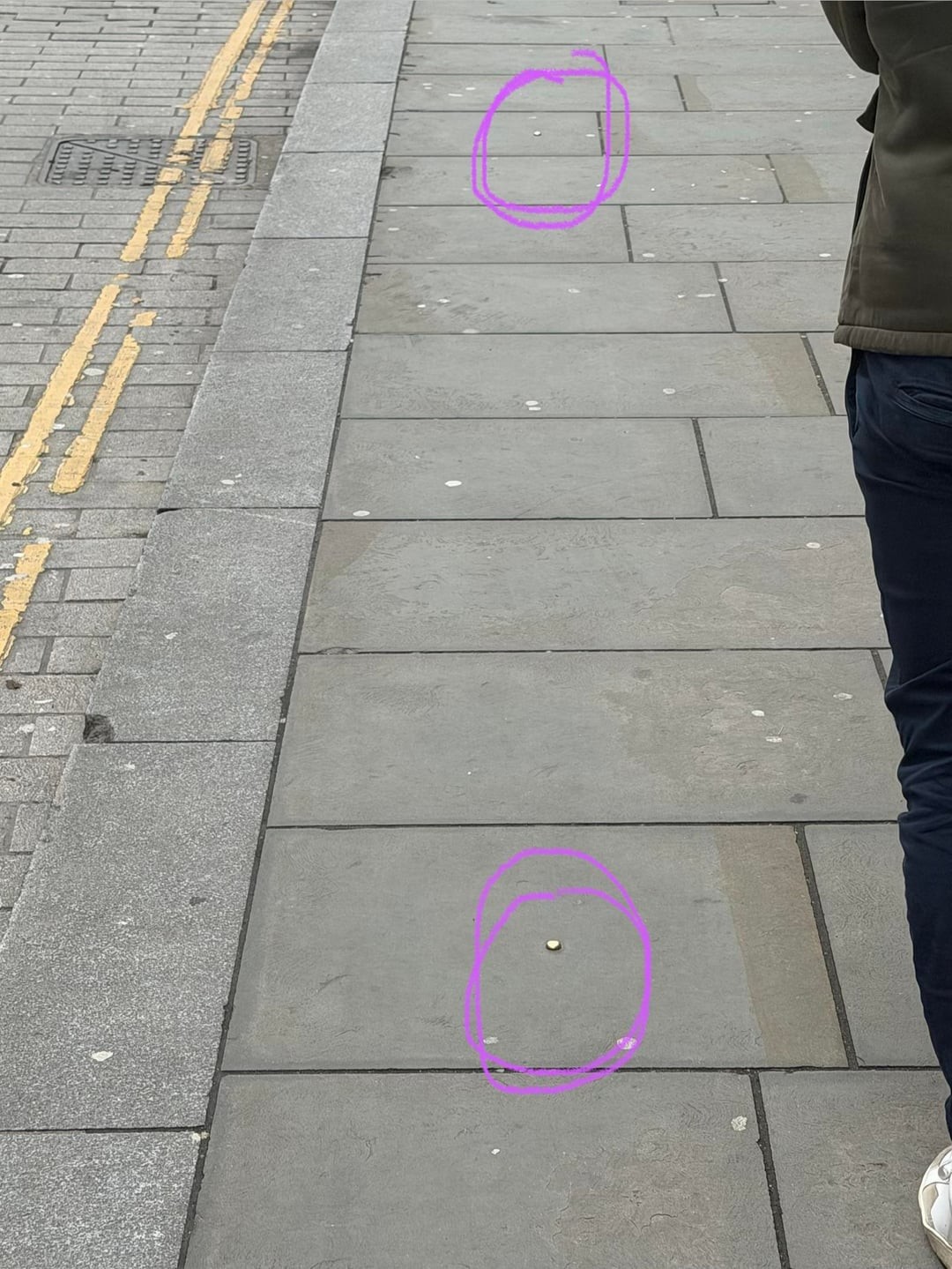 1. Золотистые металлические кнопки, вмонтированные в дорожное покрытие