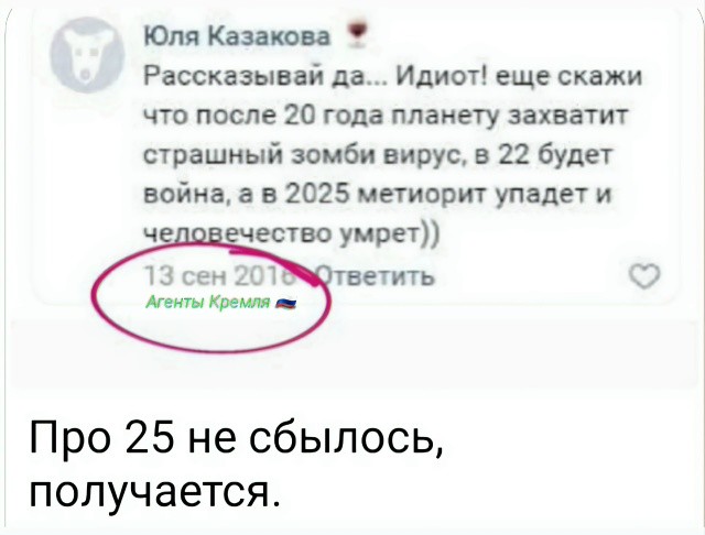 У неё талант. Вирус захватил планету, война началась – то есть СВО, а в 2025 на наши головы упал метИорит в виде Трампа