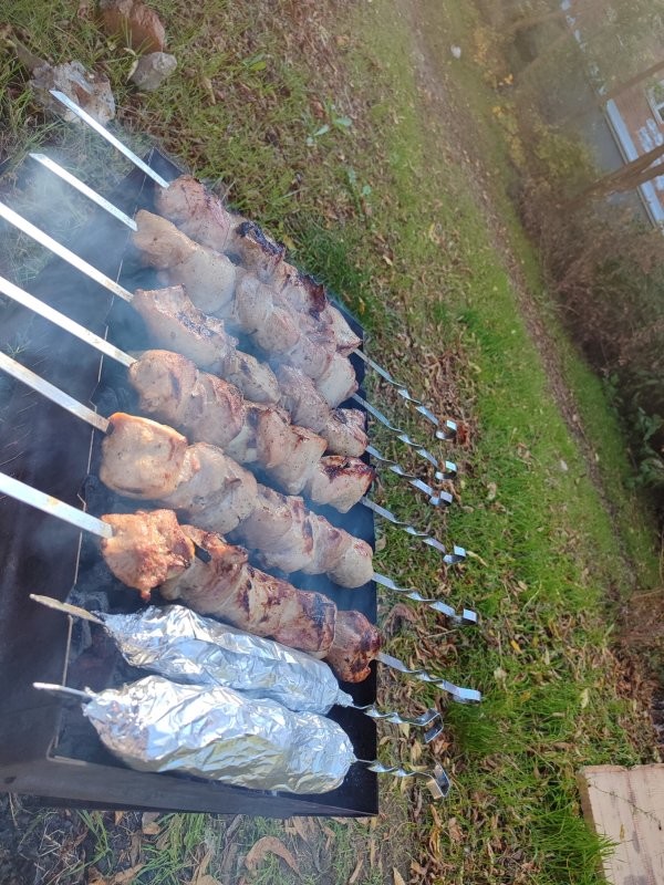 Сегодня жарил, идеально. Картошечка с салом просто супер. Овощи на мангале предпочитаю в виде аджипсандала, делаются до шашлыка на открытом огне, не съедая горячих углей.