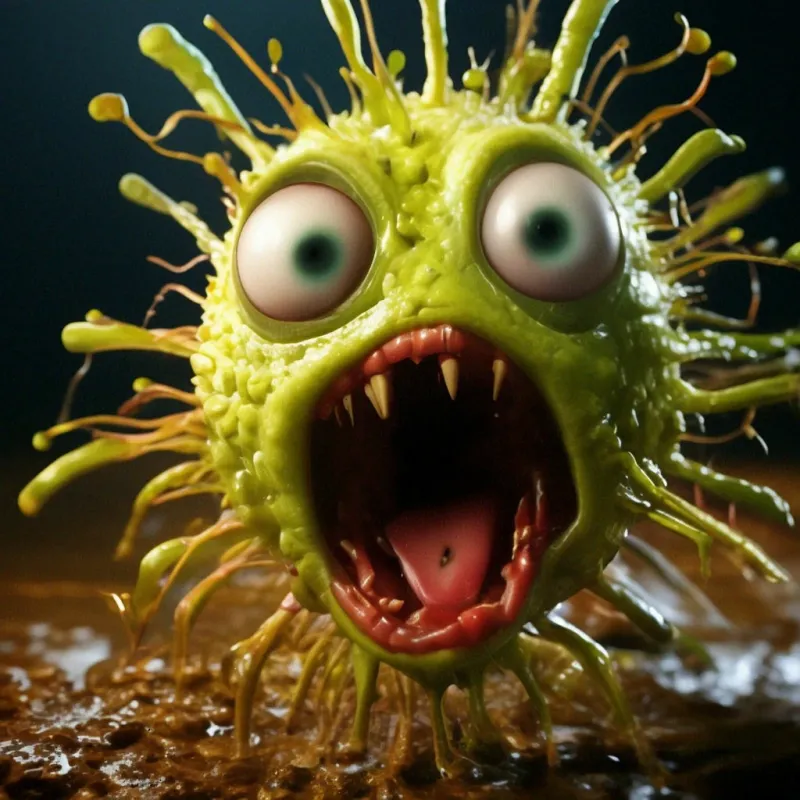 Микроб смотрит на таблетку антибиотика в желудке: "- Это чё...?"