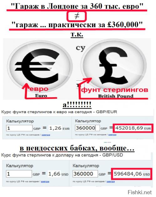 "Гараж в Лондоне за 360 тыс. евро" ≠ "гараж ... практически за £360,000" т.к.