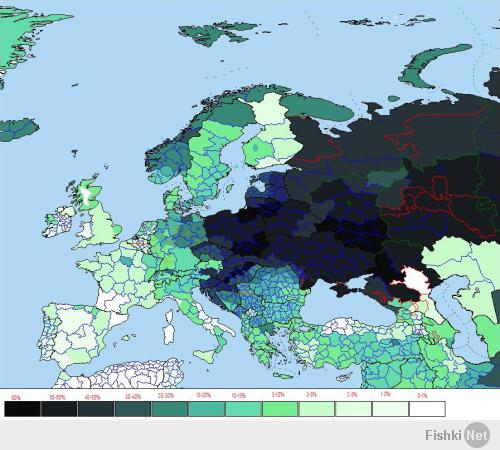 Распределение гаплогруппы R1a в Европе. Где-то тут живут "украинцы, которые не русские", генетики пока не смогли обнаружить точного местоположения этой загадочной "украинской" гаплогруппы, но украинские националисты не теряют надежды, рано или поздно, она будет найдена! Ибо "кто не скачет, тот москаль!".