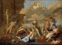 Как правило где тоги и прочее, это уже Возрождение. Итальянское - раньше, северо-европейские художники позже. 
Вот например это  Это 1630-31 год.
А интересоваться античным наследием и пытаться воспроизводить тогдашнее искусство в Италии стали лет за 150-200 до этого. 
Если смотреть миниатюры в  "Романе об Александре" 12 в. хотя миниатюры в рукописях могли быть лет на 100 позже или "Библии Мациевского" 1240-1250 гг. Там как раз вполне современная времени написания снаряга нарисована.