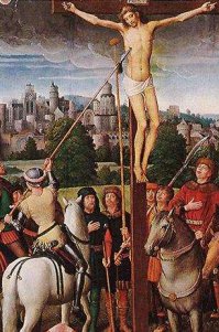 Это распространённое явление в средневековой живописи.  Особенно характерно при изображении библейских сюжетов, но также и античных.  Причину не знаю - возможно, просто историческая безграмотность.