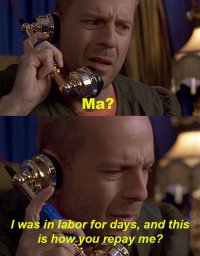 Капец. Я конечно понимаю, что не все должны знать английский язык. Но автор!! Ты же пост пишешь, переводишь с английского! Что это за ужос????: "Я был на работе все эти дни. И вот как ты меня благодаришь?"
И не насторожило, что это МАМА ему говорит???
Правельный перевод: "я мучилась от схваток дни напролёт, и это твоя благодарность?"
Ещё раз капец.