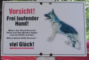 Осторожно!
Свободно бегающая собака.
Если собака подбежала, лечь на землю и ждать помощи.
Если помощь не пришла - УДАЧИ.