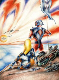 Господи, вы еще кто?! Тоже из сомневающихся?! Давайте быть честными, 5 - это Борис Валеджо, альбом которого, еще чарующе пахнувшего типографской краской, я перелистывал в далеком 88-89 году, который б..ть вообще обрисовывал маслом (!) фотографии без всякого фотошопа! 5 - это Royo, Sorayama  и т.д. 5 - это Гейгер, от работ которого у эстетствующего выше Александра Фролова, вообще случится культурный катарсис! 
У вас то со своим монитором все в порядке его не нужно калибровать, может вам еще psd исходники выложить?! 
Вот вам для убедительности то, что я рисовал руками в 90-91 годах. Акварель, карандаш и роллер.