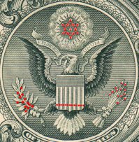 Хотелось бы дополнить информацию про знаки заложенные в однодолларовую банкноту то же интересно: 
1) Количество звезд, полос, стрел, плодов = 13
2) Читаем по вершинам отмеченным звездой начиная справа снизу, лево вверх, право вверх, низ, лево низ.