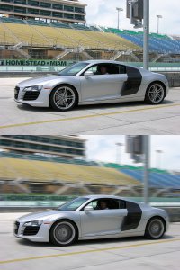Motion Blur для пейзажа и Radial Blur для колёс.