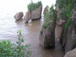 Кстати в Fundy Bay есть очень интересные песчаные колонны Hopewell rocks, которые затапливает во время приливов очень прилично. Вот две фотки, одних и тех-же колон, сделанные с разницей в 3 часа.

Прошу прощения за качество фоток. Сделыны были в далеком 2007-м.