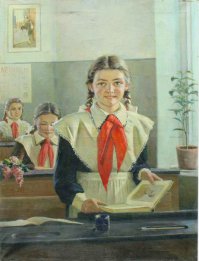 Еще одна перекличка картин. Ляхов Ю.С. Пионерка, 1950. Что за картина на стене - узнали? И чей портрет в учебнике? )