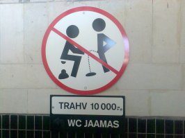 В Эстонии такой вот висел над входом в камеру хранения на Балтийском вокзале))) Перевод таблички: Штраф 10000 (эстонских крон, тогда они ещё были), а ниже: Туалет на вокзале.