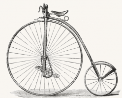 Для начала: если пост называется "история и эволюция", то хорошо бы и картинки выстроить в хронологическом порядке. А то каша получается. (и не надо оправдываться, что это "копипаста". Можно было и руки приложить.)

- в 1816 году лошадей вырезали из-за неурожая... Ну-ну. А последствия Наполеоновских войн тут не при чём, да. К тому же, на популярность велосипеда этот факт никак не повлиял.
- "Пеннифартинг" - так в Англии называли велосипеды простейшей конструкции, педали напрямую вращают ось колеса, как в нынешних детских велосипедах. Чтобы добиться приличной скорости, ведущее колесо делали громадными, в рост человека. Название своё получили за внешний вид: монета в один пенс (пенни) была почти в два раза больше монетки в один фартинг (четверть пенса). В других странах их называли по-своему, но более всего было распространено прозвище "паук".
- Две дамы на одном велосипеде - цирковые акробатки, это видно по характерному трико.
- и добрая половина фотографий велосипедистов на самом деле - салонная съёмка. В начале века фотографии каждый фотограф сам изготавливал себе фотоматериалы, рецепты чувствительных фотоэмульсий появились в последней трети 19 века и рядовые фотографы не могли их воспроизвести - нужны были чистые реактивы и лаборатория. Поэтому едущий велосипед могли снять только настоящие мастера, а массовой фотографию сделал только Истмен, в последнее десятилетие 19 века.
- Главный недостаток велосипеда "паук" было то, что на нём было не только чрезвычайно сложно стартовать без посторонней помощи. Его было невозможно затормозить, да и при малейшем препятствии велосипедист летел через руль. (см. первое фото.). К тому же, диаметр колеса и, соответственно, достижимая скорость ограничивалась длинной ног седока. Проблемы решила цепная передача на ведущее колесо, см.рис.2, велосипед Лоусона, 1878 год. (вообще-то не только цепная, были испробованы многие типы передач). 
Но, как это обычно у людей, далеко не сразу сообразили разделить ведущее и управляющее колёса и сделать их одного диаметра. Первым сделал это, судя по всему, опять-таки англичанин Джеймс Старли, в 1884 (через шесть лет, да.)
Ну, и понеслась...