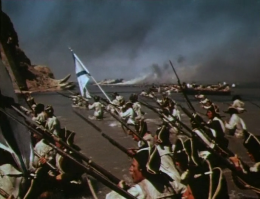 Нет фильмов Суворов, Ушаков, Корабли штурмуют бастионы, Герои Шипки. 
Посмотрите батальные сцены там. 
Кстати, для фильма Герои Шипки использованы реальные запасы обмундирования и вооружение того времени хранившееся на складах минобороны. (с реальных событий прошло всего восемьдесят лет)