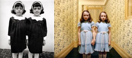 А вот про сияние - Фотография Дианы Арбюс «Близнецы» (Identical Twins, 1967)эстетика этой фотографии была использована Кубриком в «Сиянии» в сценах с двумя страшными близняшками в одинаковых платьях и с одинаковыми позами