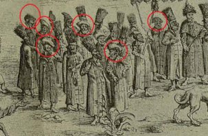 А ещё, благодаря ему и другим басурманам, сохранились свидетельства различных вариантов ношения колпаков с меховой опушкой. Плашмя,выворачивая наизнанку мехом вверх, укладывая тканевым верхом на голову а мехом на затылок.