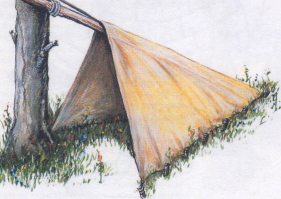 Ты, по-ходу, "сооружения" только на картинках видел, как и большинство тут пишущих "нудно", "бесполезно" и т. п. Из одного такого небольшого ствола можно соорудить нормальный шалаш чтоб переночевать там (если двускатный из веток сделать), или от ветра костёр закрыть (с подветренной стороны веток навалить - бивак называется), или от дождя укрыться (брезент натянуть, если он в наличии, разумеется).
Считаешь, что это тратой сил и времени?.. Ну, сходи без топора в лес! Первую ночь комаров покормишь; вторую - под дождём поспишь; на третью - зубами такой ствол грызть будешь, чтоб согреться.
Такой ствол опирается на пригорок (или на сук дерева, как на картинке), по бокам наставляются ветки и тёплый шалаш готов - на неделю хватит.
P. s.: Фоток таких "сооружений" не нашёл, но что-то похожее: