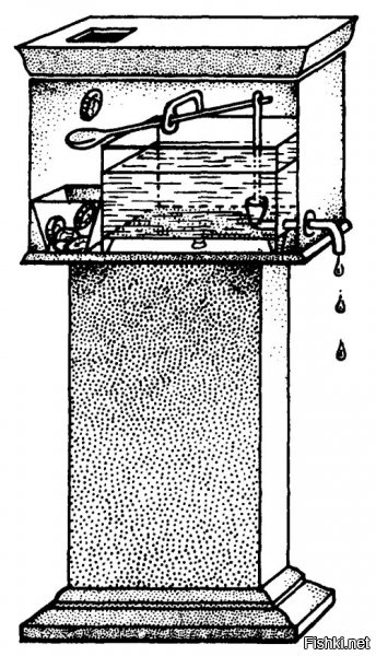 Кстати, описание автомата не совсем точное. Он по своей сути был похож на садовый рукомойник.



Монета падала на рычаг (привет Архимеду) и поднимала затычку. Пока монета с рычага соскальзывала и затычка опускалась вода лилась.