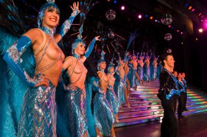 Выдержка из сайта : "Само шоу в Мулен Руж начинается после ужина. В нем занято множество исполнителей, девушки одеты в самые экстравагантные костюмы, сменяемые множество раз, с обилием перьев, стразов и блесток.
Немного напоминает цирковое шоу, но помните, это – развлечение для взрослых. Девушки танцуют topless, так что детей лучше оставить дома".