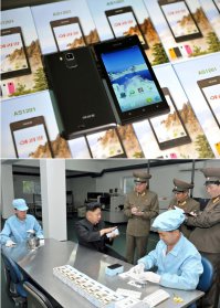 О, нашел! Смартфон "Ариран".
Работает на Android 4.0, а его дизайн не отличается от стандартного: с одной стороны у него сенсорный экран, с другой объектив камеры. По некоторым оценкам, сейчас в КНДР примерно полтора миллиона человек пользуется мобильной связью при общем населении около 24,5 миллионов жителей.