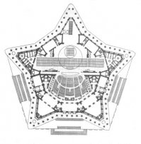 Еще здание театра Российской (Советской) армии на Суворовской площади. Строительство закончено к началу сороковых. Архитектор Алабян. В плане имеет форму пятиконечной звезды. Во время войны пришлось особо маскировать это строение, т.к. ориентир для Люфтваффе слишком заметный.