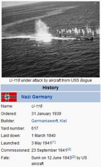 Была ещё одна ПД с тем-же номером U-118, тип XB, построена в 1941-ом. Вот она и погибла в 1943-ем.