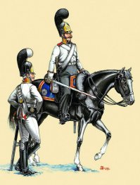 Вот замечательный рисунок современного художника-униформолога Алёхина П.Г, на котором изображены конногвардейцы того периода.
Унтер-офицер в парадной форме (слева) и рядовой в походной форме (справа).