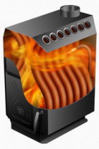 Такого типа печи называют конвекционными. "Все украдено до нас".
НО основной принцип - каналы для воздуха внутри печи должны быть с наклоном. Т.е. впускная часть канала ДОЛЖНА быть ниже выпускной. В идеале - начинаться канал должен ниже топки, проходить через всю топку с максимумом пламени и заканчиваться выше печки. На фотографиях два типичных представителя этого направления.
В вашем случае имело смысл хотя бы прямоугольные трубы ставить не горизонтально а под углами "снизу-вверх". Так что, попробуйте "версию 2" и увидите, насколько вырастет КПД.