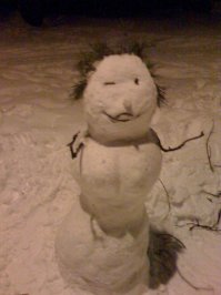 а вот наши с женой снеговики. поставили с двух сторон дороги напротив