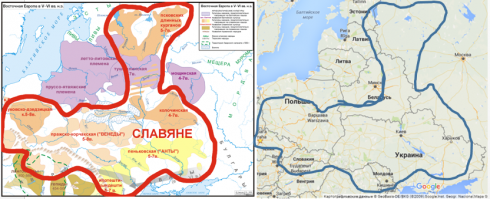 Итак вернемся к нашей карте


Не карте мы видим восточно европейскую равнину в период 5-6 века и слудующие народы :
1.	Предположительно балтийские народы (сиреневый цвет)
2.	Предположительно германские народы (коричневый цвет)
3.	Предположительно славянские народы (розовый по желтый цвет) – вот они нас и интересуют. Эти народы включают в себя
a.	Суковско-дзедзинский
b.	Колочинский
c.	Пражско-корчакский (Венеды)
d.	Пеньковский (Анты)
e.	Ипотешти-кындешти

 

Так как из всех культур только суковско-дзедзинская культура находится на Территории современной России – именно она нас и интересует.. 

Согласно Википедии (
Суковско-дзедзицкая культура (лехитская культура) — западнославянская ранне-средневековая археологическая культура, образовавшаяся в результате взаимодействия венедов пшеворской культуры и славян пражской культуры в междуречье Эльбы и Вислы (территория западной Польши и северо-восточной Германии) в V—VII веках[1].

То есть, люди этой культуры, не являются автохтотным населением территории России, а пришли туда из Западной Польши и северо восточной Германии. 

И теперь напрашивается вопрос – какое отношение Славяне имеют к территории России (кроме того что они туда переселились до 5-6 века)?

--
...вы когда копируете, то смотрите что копируете... вы скопировали весь список представителей семитов J1, а не подгруппу J1c3d 

J1 — все семиты (чеченцы, дагестанцы, арабы/евреи)
...J1c3d — только арабы/евреи 

Согласен.

"арабы появились 5 тыс. лет назад на юге Аравийского полуострова, и в следующие тысячелетия они расселились в разные стороны, в том числе и в Ханаан, где были частично завоёваны/ассимилиованы, превратившись в евреев... тех кого завоевали, те и евреи... "

Доказательства в студию!!!

.ханаанеи (E1b1b1c) не связаны с семитами (J1), другой ветвью, и уж тем более с арабами/евреями (J1c3d) 

Согласно таблице в сылке ниже E1b1b1c – является голотипом галогруппы E-M123. 
И эта галогруппа – семитская.. 

Looking beyond its geographical patterns, E-M123 is also quite common in many Semitic language communities, including among both Ashkenazi and Sephardic Jews, accounting for over 10% of all male lines (Semino 2004).

Источник -