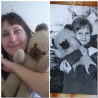 Моему мишке уже около 35 лет... достался мне от брата. Сейчас с ним мои дети играют. На фото мне около 4 лет и 32 года. Бережем реликвию.