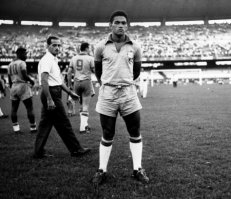 А где же легенда Бразилии - Гарринча? Полное имя - Мануэл Франсиско дос Сантос
Прозвища - Радость народа, Кривоногий ангел, Чарли Чаплин футбола, Гауличо, Великий хромой.
В матче с «Ривер Плейт» Гарринча так впечатлил публику, что каждое его удачное действие трибуны сопровождали криком «Оле!». Со временем этот возглас стал традиционным у болельщиков многих стран.