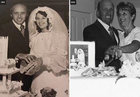 Первая и последняя пары очень милые)) Красивые люди.
А вот на этой фотографии муж и жена, что в молодости, что в старости, похожи, как брат с сестрой. Удивительно)