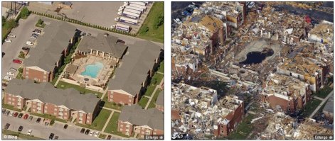 А вот фото из Оклахома сити, у каменных/бетонных домов снесены только крыши. Фанерные же домики, кои так любят в США за их дешивизну, уничтожает до основания.