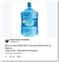 Про воду посчитал, вышло так:
Вода 19л — 350 ₽ — это 18,5 рублей за литр. 
Американский нефтяной баррель — это 42 галлона=158 литров. Баррель для измерения прочих жидкостей в Америке — это 31,5 галлона=120л — ОК ПУСТЬ ТАК! 
Баррель воды=2220 ₽
Баррель нефти=29,1$ * 77,7=2261
