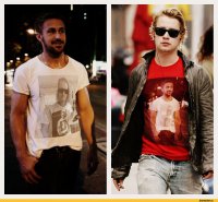 Это Калкин с Бекхемом, у которого футболка с Калкеном

А вот это Гослинг, у которого на футболке Калкин в футболке с Бекхемом на которой принт с Калкеном

Ну и это я уже не перечислю, но....