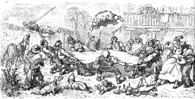 Аляскинцы побудили вспомнить творчество Сервантеса: когда Дон Кихот отказался платить за ночлег и уход на постоялом дворе, мотивируя свои действия тем, что "Ни в одном романе странствующего рыцаря не просили о деньгах, считая великой честью просто дать ему крышу над головой", друзья хозяина постоялого двора решили отыграться на оруженосце славного рыцаря. Поймав Санчо Пансу, они стали высоко подбрасывать его на одеяле, пока Дон Кихот, будучи не в силах слезть с Росинанта и броситься на наглецов, осыпал их руганью...:)