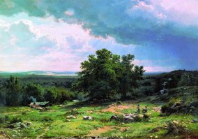 На некоторых картинах заметил похожие детали, например избушки.