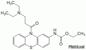 Все просто: слева сверху диэтиламин, потом пропионил, справа карбониламин с этиловым радикалом (этокси-), и все это прилеплено к фенотиазину.
Органики читают формулу на раз-два.