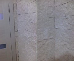 Cудя по левой фотке,стену выравнять всё таки не удалось?"Морковка" получилась,"на глаз"-сантима 4 минимум.Почему нельзя было выровнять стены усиленным металлокаркасом,пустив стойки через 40 см,и затем уже монтировать на них 2 слоя гипсокартона в разбежку?Далее-внутренние,ровно как и внешние углы при укладе декоративного камня запиливаются болгаркой под 45%,этим Вы бы избежали "волны" в углах.Судя по фото данная плитка низкого качества и не обработана специальным покрытием,поэтому подлежит окрашиванию после монтажа и высыхания.А укладывать я всё таки стал бы с зазором и дальнейшим затиранием.Затирка такой плитки-геморрой еще тот,но смотрится гораздо богаче и эффектнее,особенно если цвет затирки отличается от цвета самой плитки.