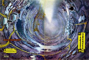 "Свидание с Рамой" Кларк написал еще в 1973 году. Правда, там был межзвездный корабль, но принцип тот же.
Еще раньше, прям в этом же журнале (10 за 1965 год), была картинка, на которую практически дословно похож интерьер "Рамы" Кларка.
До этого подобное было и у Циолковского и много у кого...